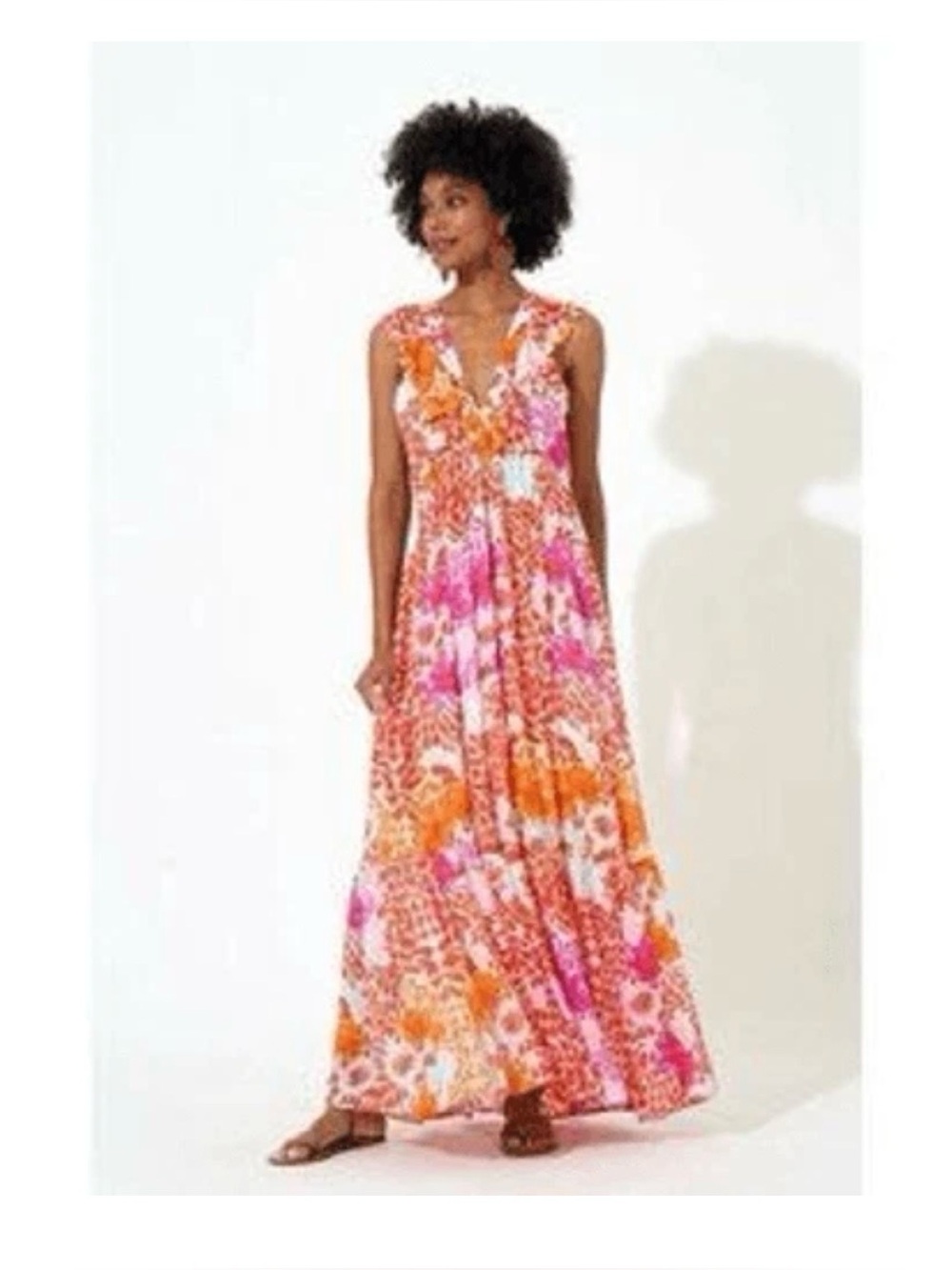 Oliphant Ruffle Maxi Dress Orange Floral Size L Large Vibrant Tropical Resort - Picture 3 of 15